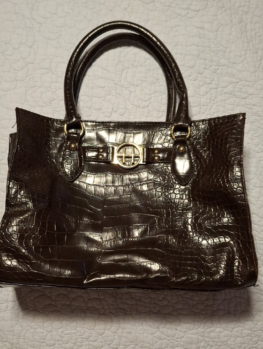 Tommy Hilfiger Dark Brown Croc-Embossed Tote with Gold Hardware